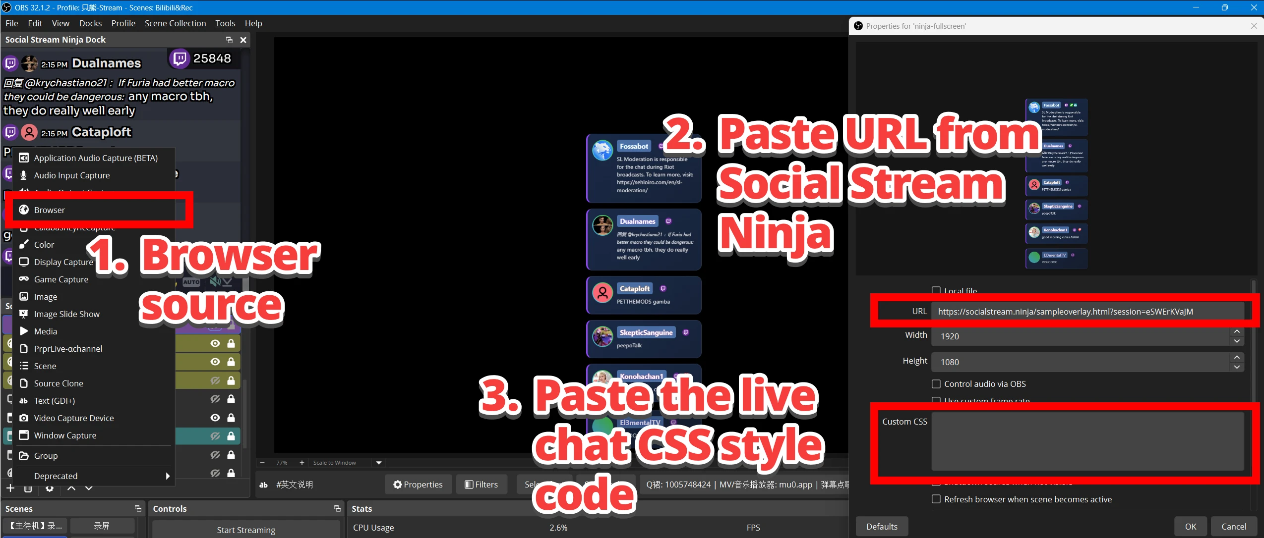 Add a Browser source in OBS, paste the Social Stream Ninja overlay URL, then paste the live chat CSS into the Custom CSS box