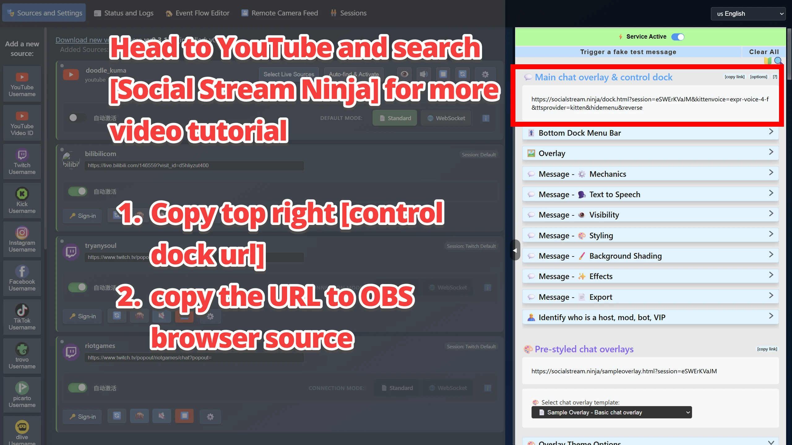 Copy the Main chat overlay & control dock URL from Social Stream Ninja