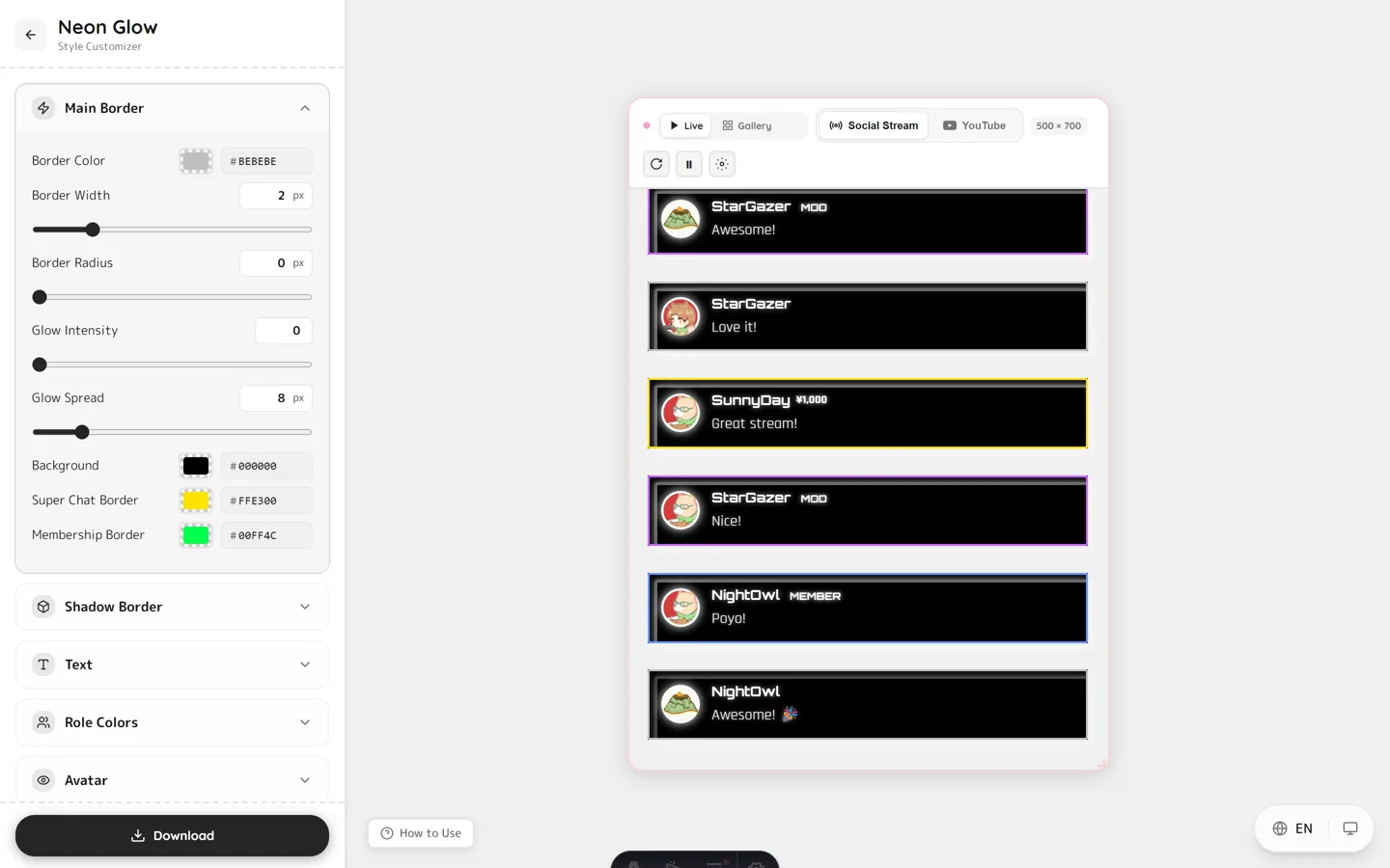 Doodlekuma Neon theme customizer — a premium multi-layer neon glow chat overlay